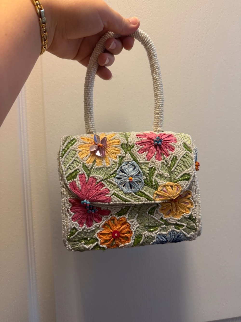 Beaded Floral Embroidered Top-Handle Bag. NWOT